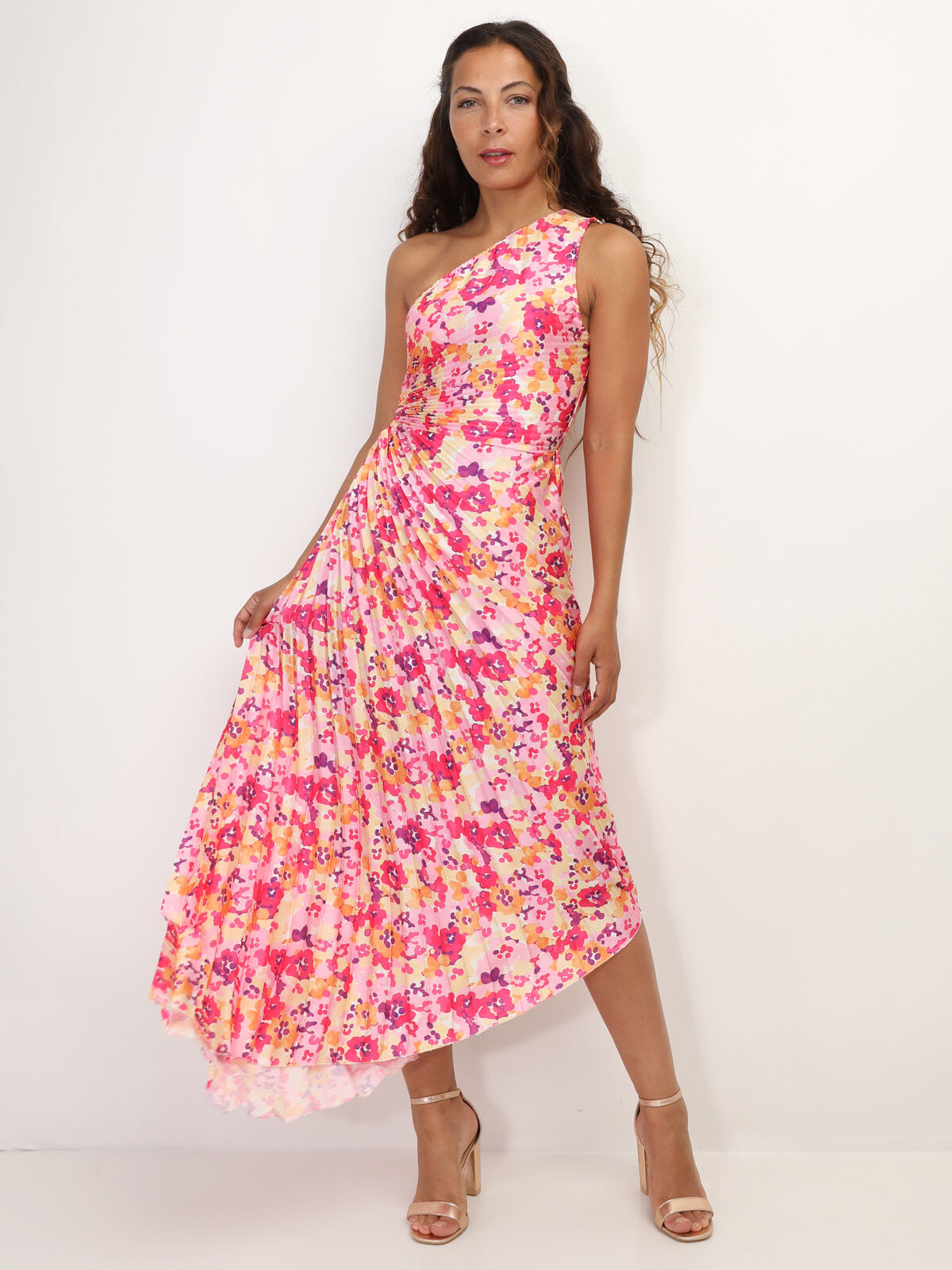 Robe plissée et asymétrique à fleurs- Fuchsia