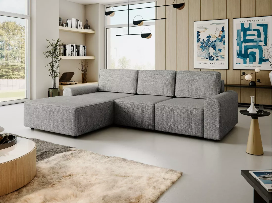 Canapé d'angle Stonecrest 105, Gris, Fonction de couchage, Boîte de literie, 258x168x85cm