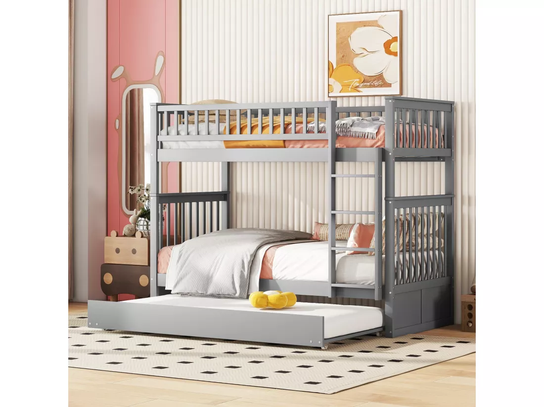 Lits superposés 2 x 90 x 200 cm + lit gigogne 90 x 190 cm - Bois MDF - Gris - ANTHONY