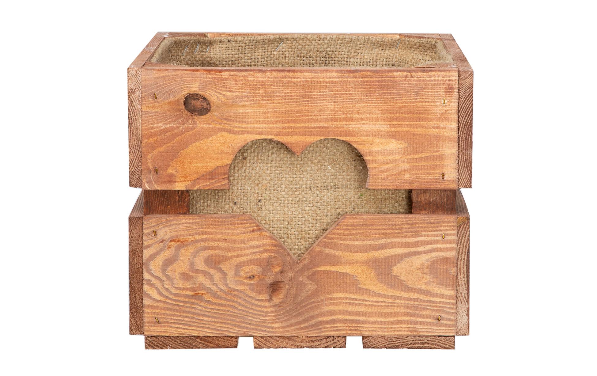 Holzharasse mit Herzausschnitt, Braun 30 x 30 cmDekokiste mit Jutesack