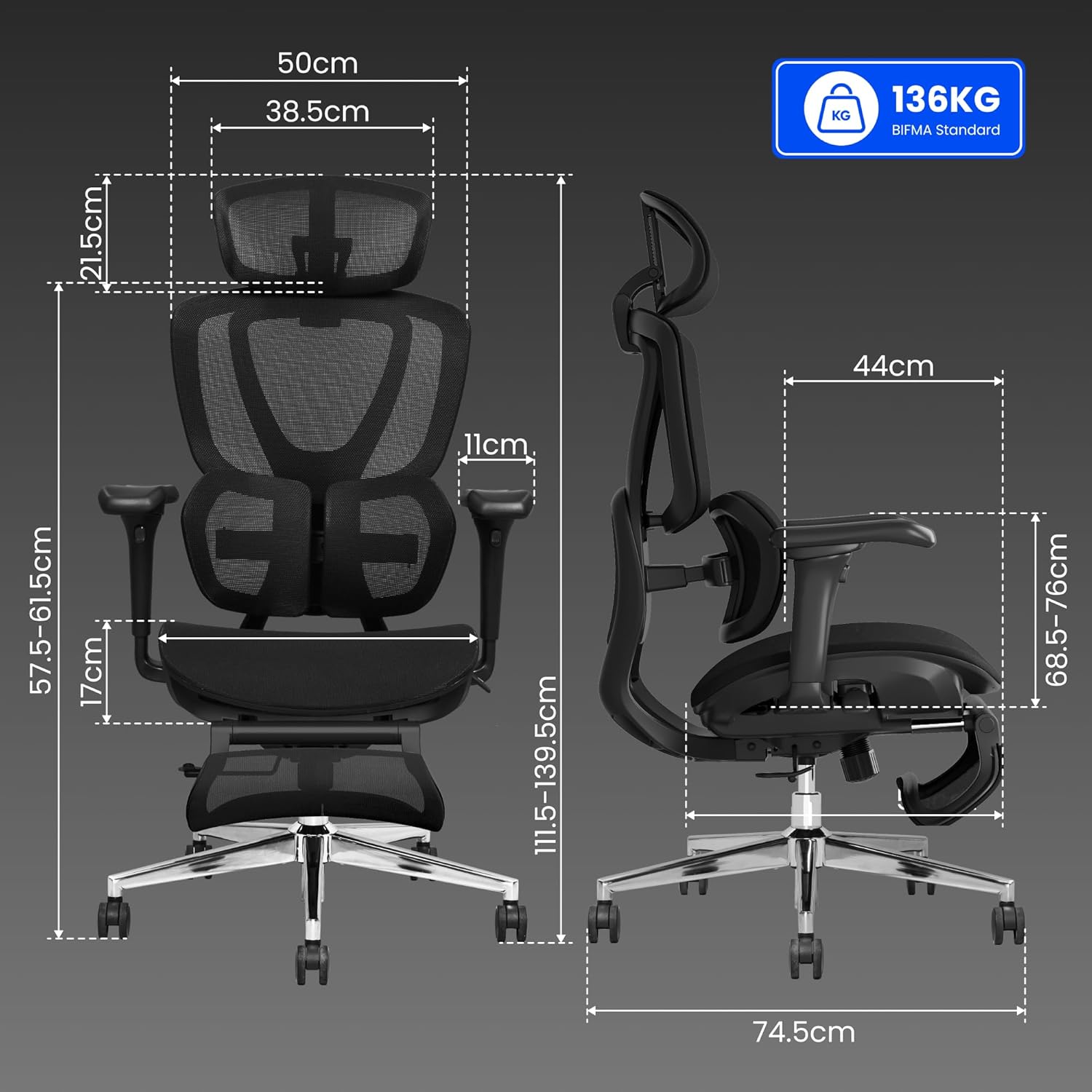 FLEXISPOT Sentinel Ergonomischer Bürostuhl mit Dual-Wing-Lendenstütze, 3D-Kopfstütze & Armlehnen, Verstellbarer Sitztiefe, Rückenlehne, & ausziehbarer Fußstütze, Arbeitsstuhl für Büro (Schwarz)