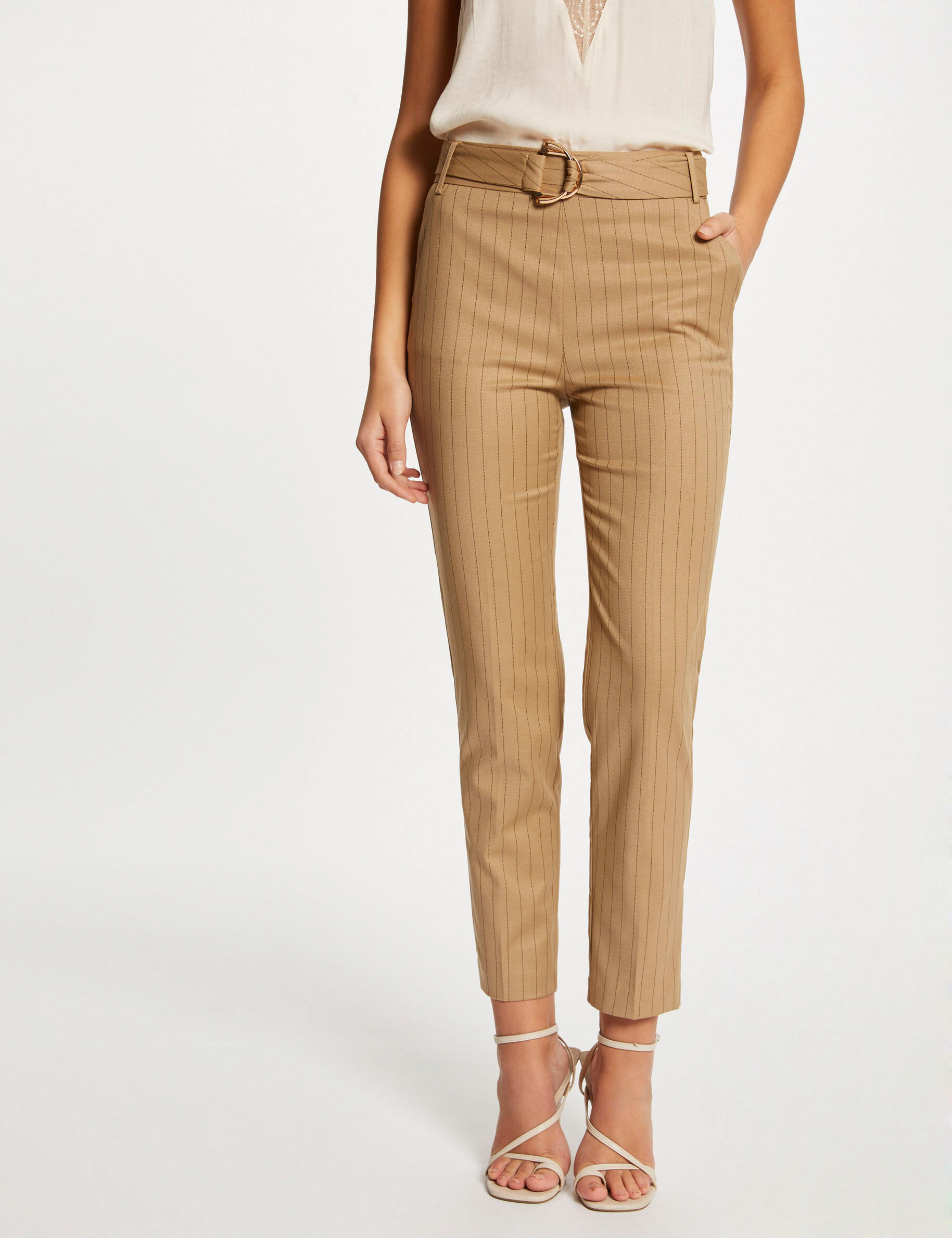 Pantalon cigarette 7/8ème à rayures beige femme - beige
