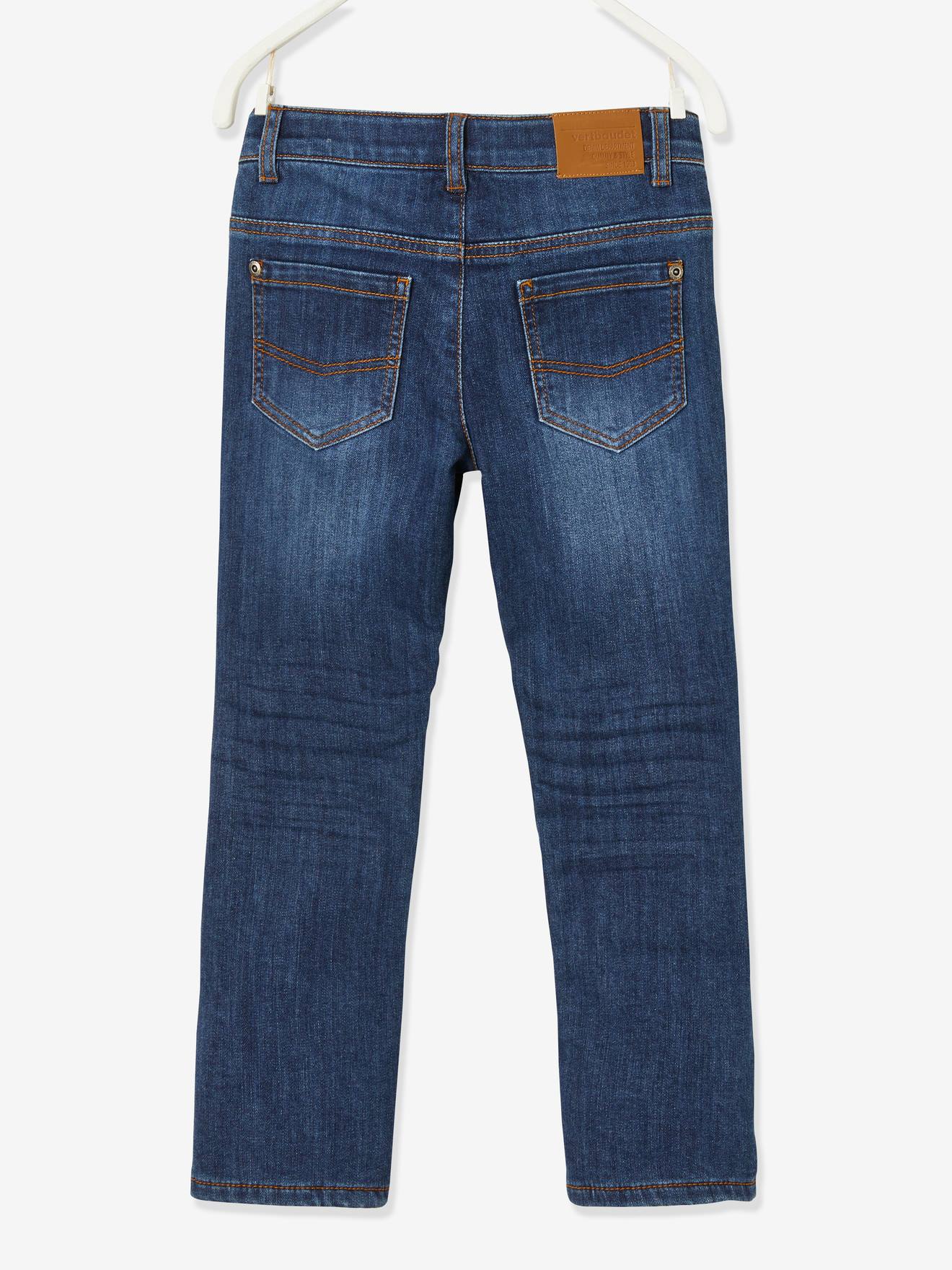 Calça jeans indestrutível de corte reto com forro de lã, para meninos, azul escuro liso