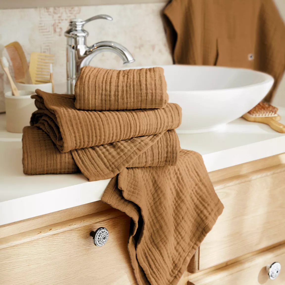 Serviette de bain gaze de coton (30 x 50 cm) Gaïa Camel