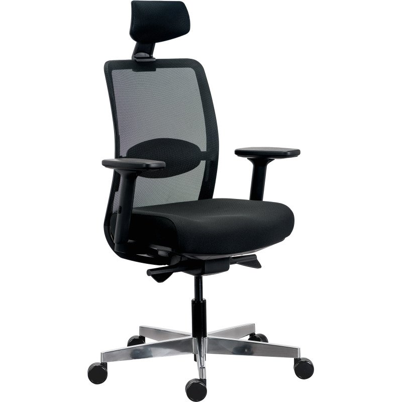 Chaise de bureau ERGO MOOV' Premium - tissu et maille - pied alu - soutien lombaire - appui tête - accoudoirs - mécanisme synchrone - assise réglable en profondeur