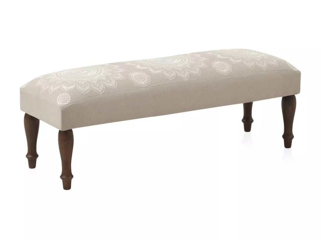 Banc tapissé beige avec pieds en bois