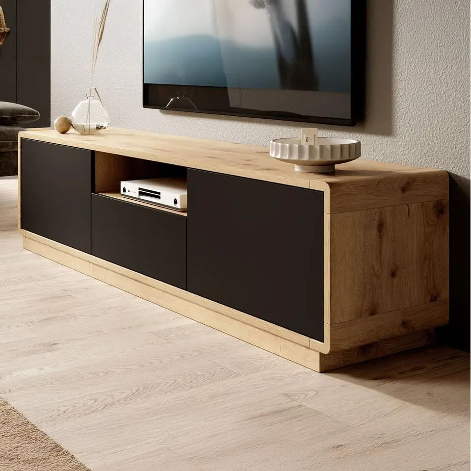 Meubella - TV-Meubel Acuna - Mat zwart - Eiken - 180 cm