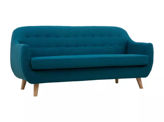 Canapé scandinave déhoussable 3 places en tissu bleu canard et bois clair YNOK
