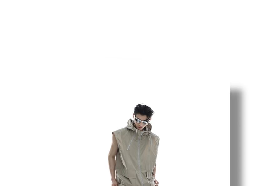 Kooklay - Effen vest met capuchon en rits / Hoge taille, wijde broek