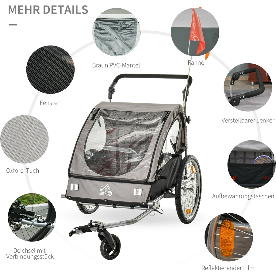 HOMCOM 2-in1 Fahrradanhänger mit Platz für 2 Kinder grauschwarz
