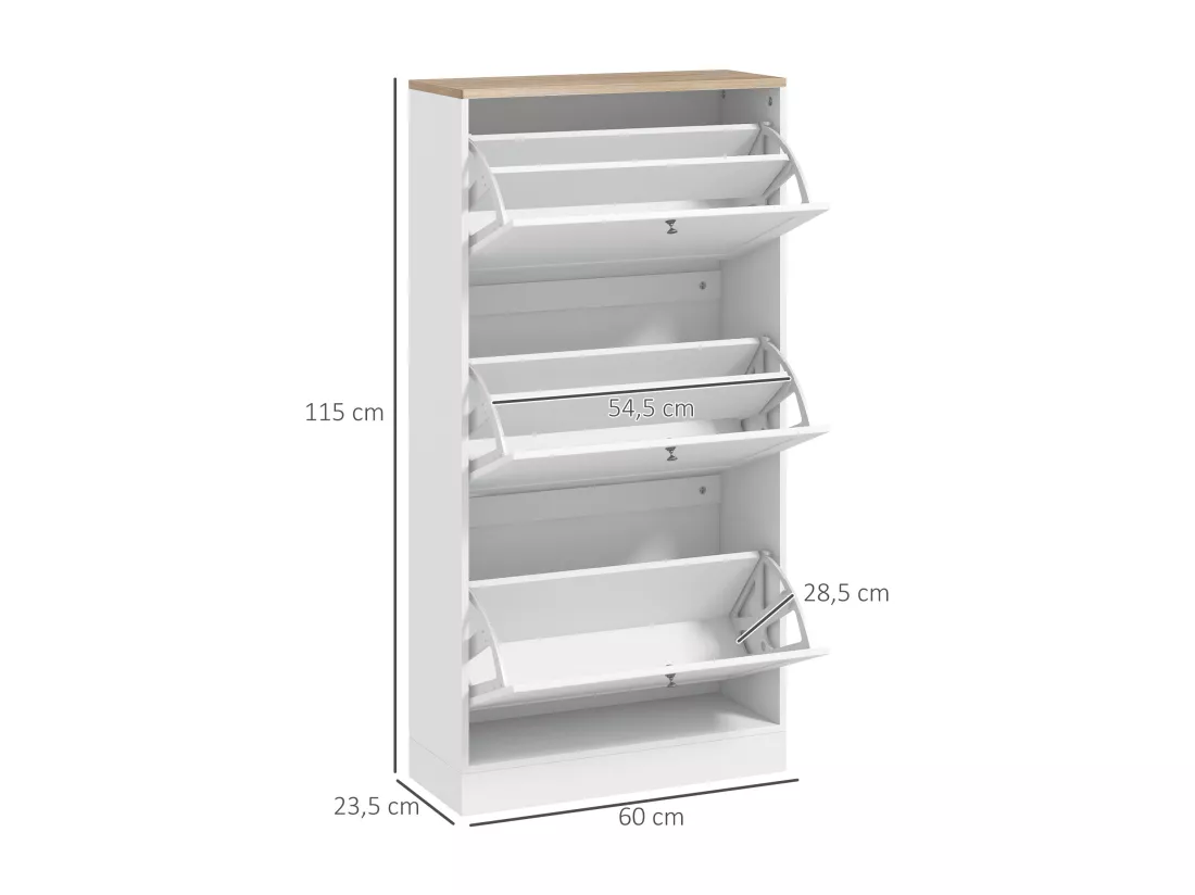 Armoire à chaussures 3 portes abattantes 2 compartiments panneaux particules blanc aspect chêne clair