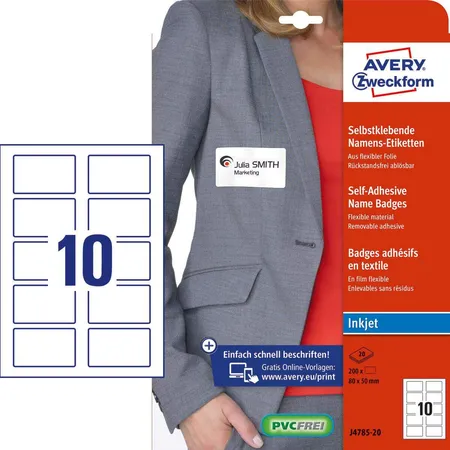 Avery Zweckform J4785-20 Namensetiketten, 80 x 50 mm, 20 Bogen/200 Etiketten, weiß