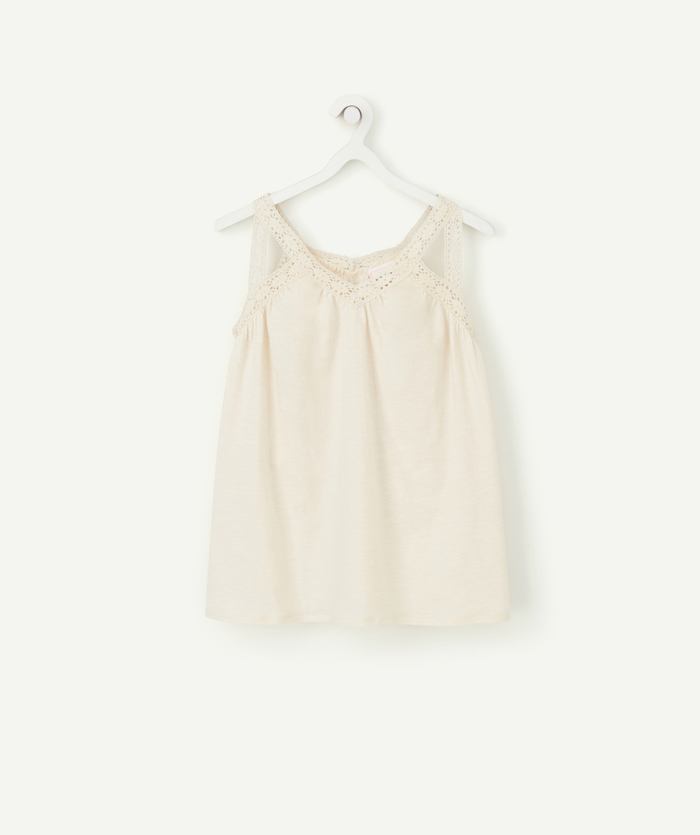 T-SHIRT À BRETELLES FILLE EN COTON BIO ÉCRU AVEC BRODERIES