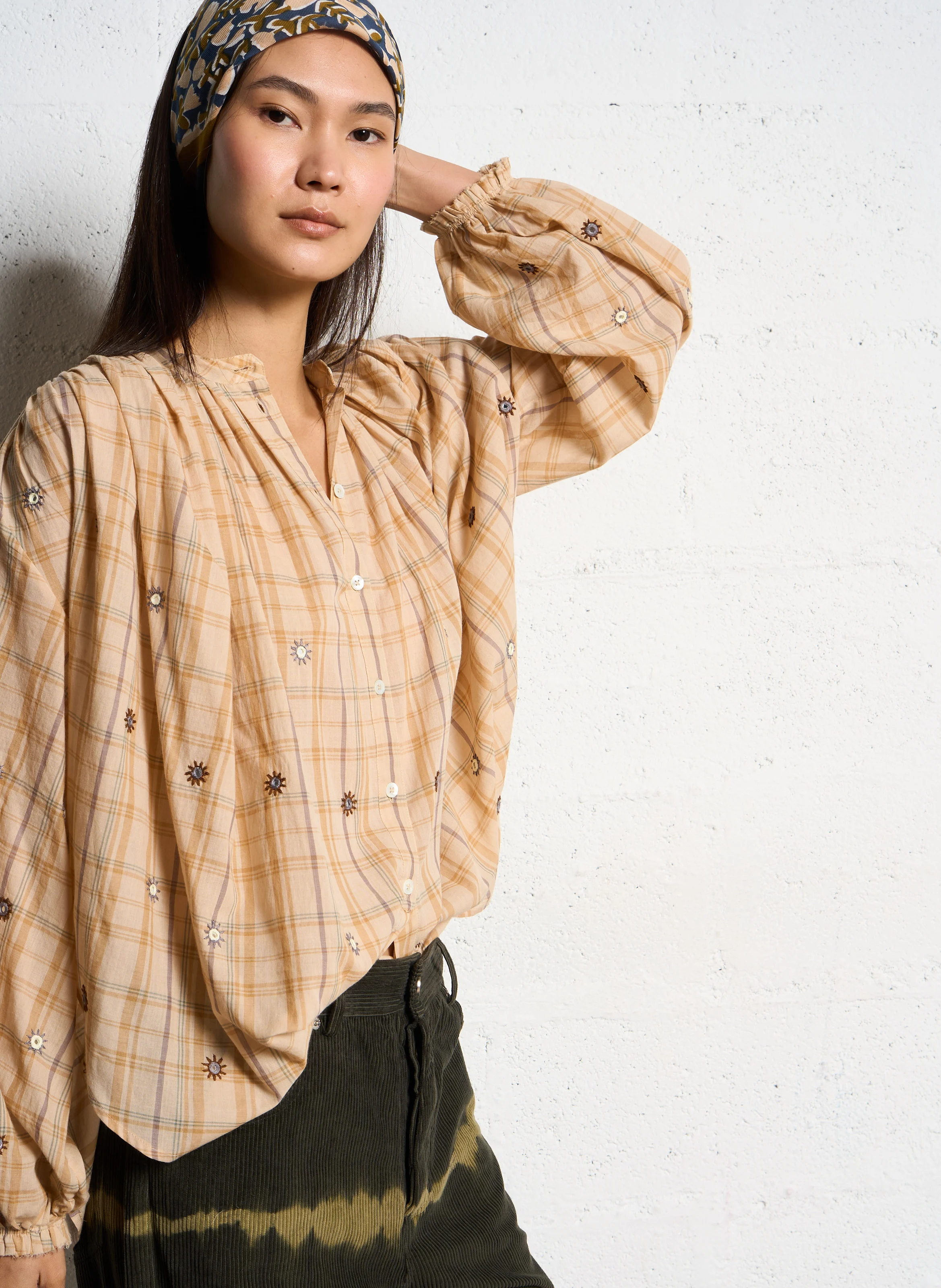 OLIVE - Chemise droite rayée en coton | Beige