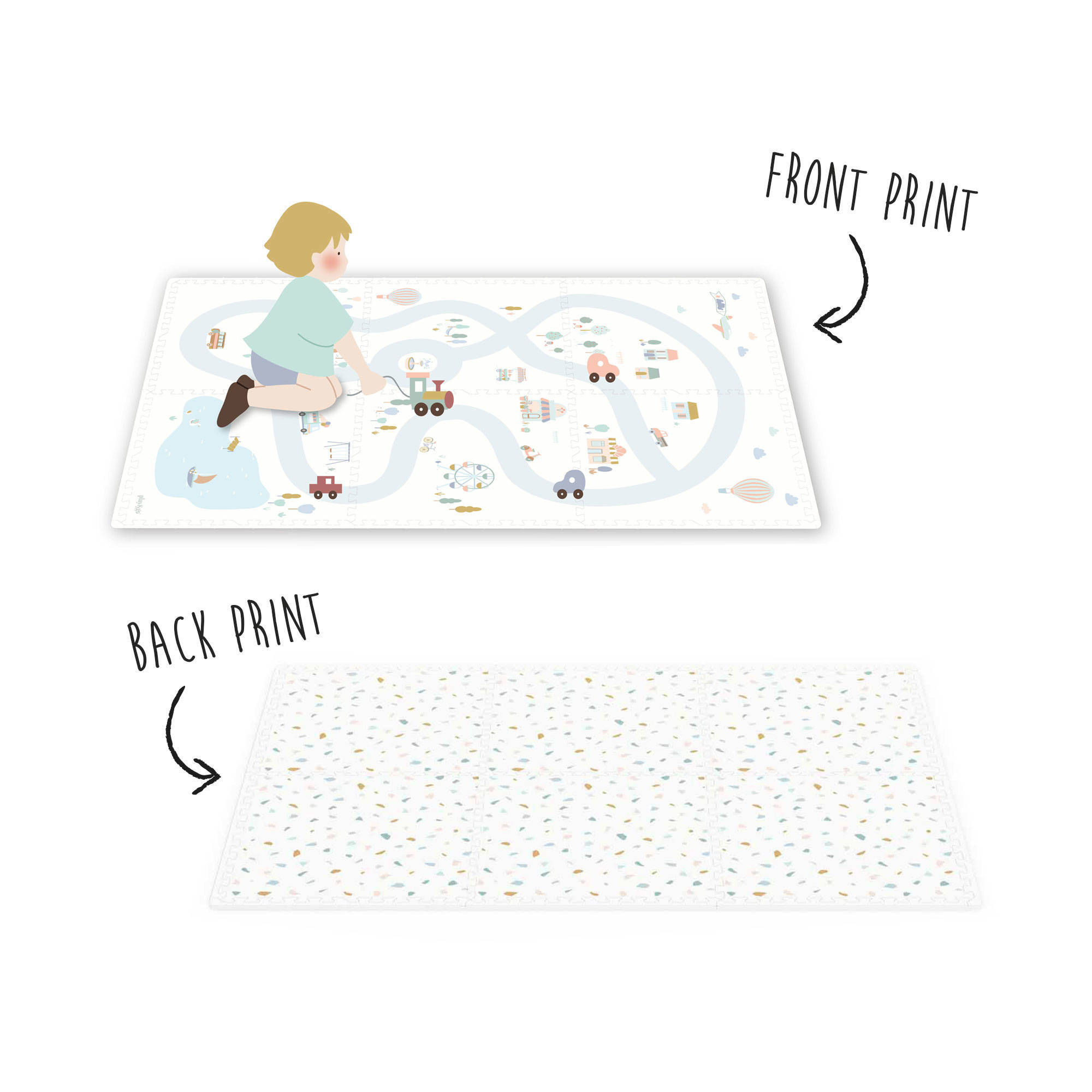 Play&Go EEVAA 2-in-1 omkeerbare puzzel speelmat en opbergdoos Village/Terrazzo (120x180cm - 6 tegels)