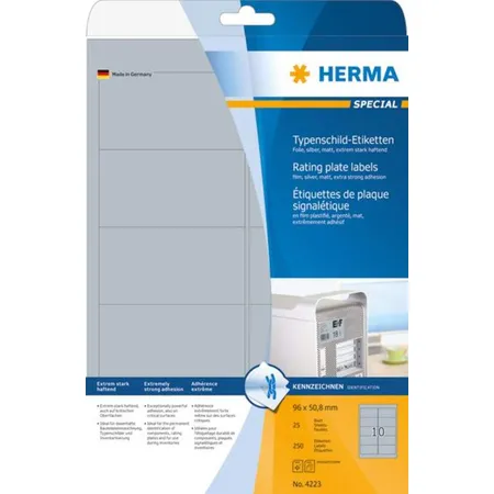 HERMA Typenschildetiketten, silber, extrem stark haftend, 96 x 50,8mm, 250 Stück