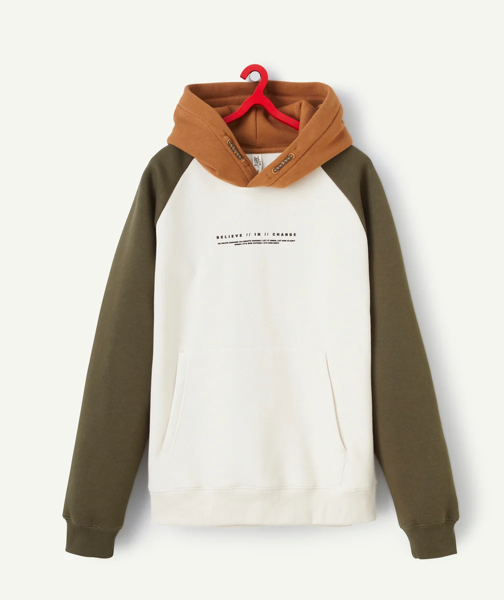 SWEAT À CAPUCHE GARÇON EN FIBRES RECYCLÉES ÉCRU KAKI ET MARRON AVEC MESSAGE
