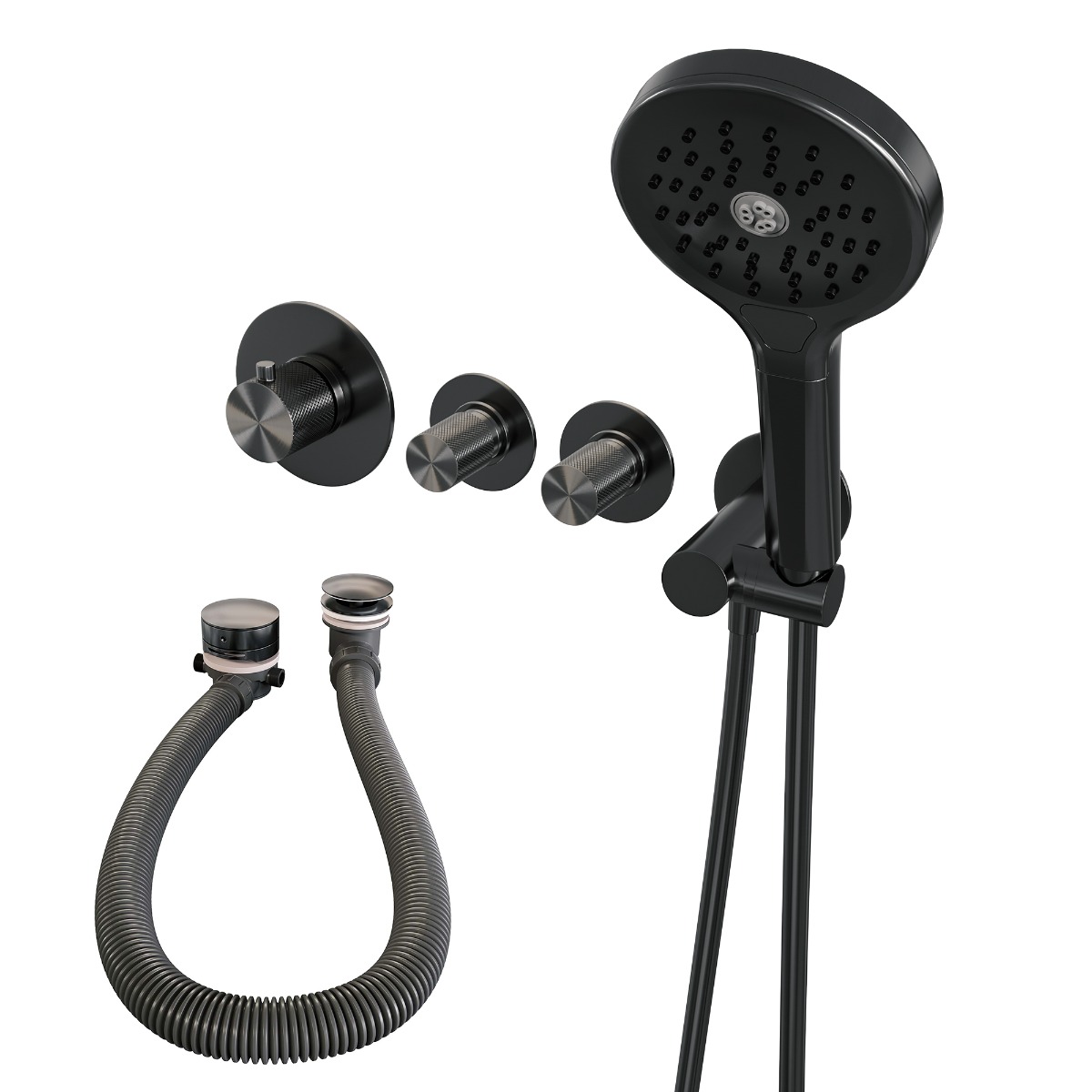 Brauer Gunmetal Carving inbouw badkraan met badvulcombinatie en 3 standen handdouche gunmetal geborsteld PVD