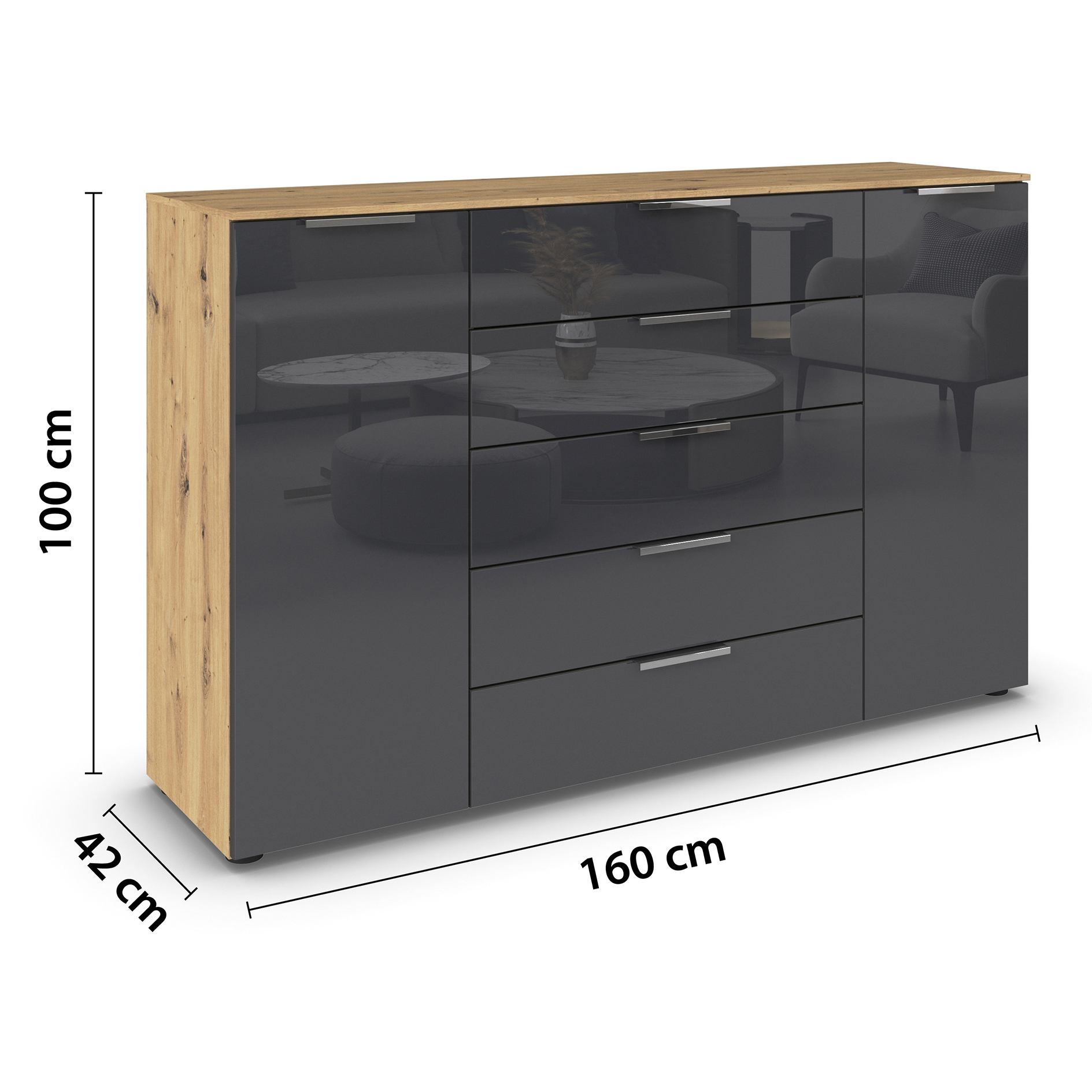Kommode - Artisan Eiche-Basaltglas - Chromgriffe - 160 cm