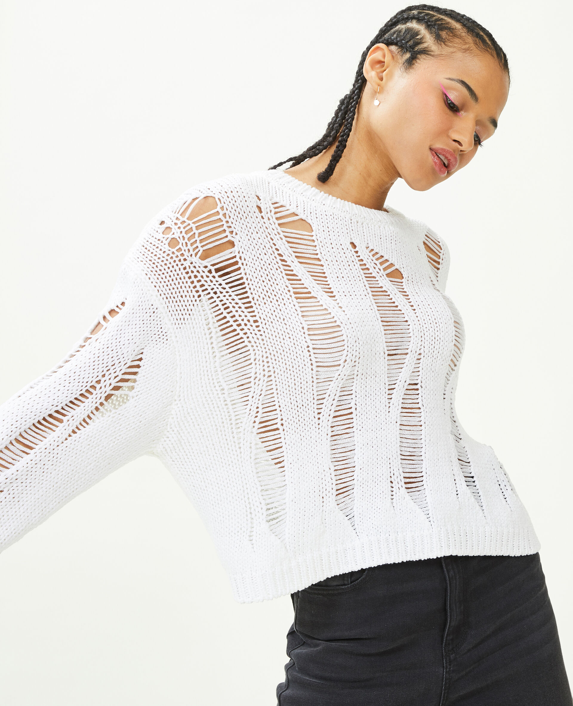 Pull court avec détails ajourés - Blanc