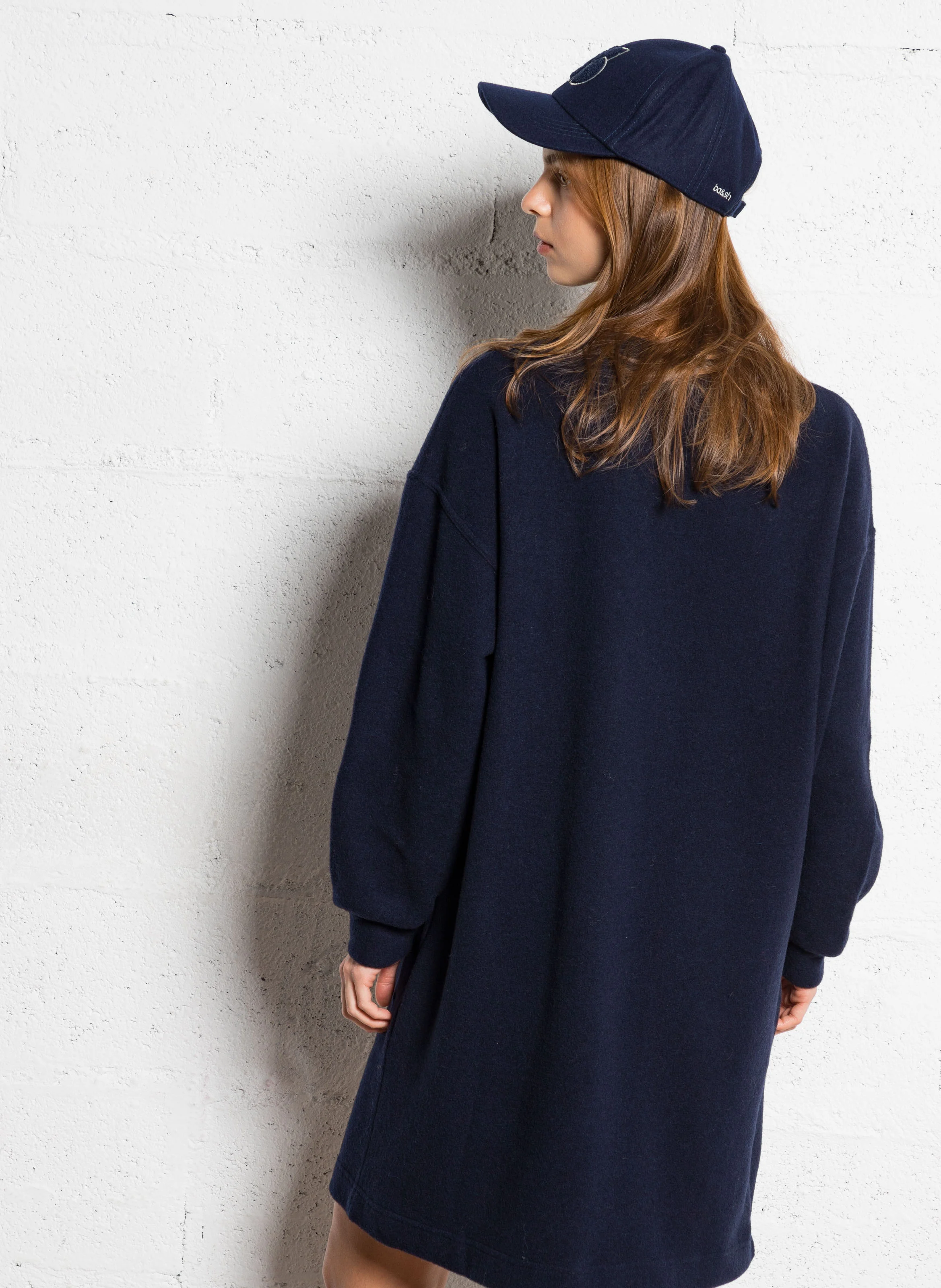 KIMELA - Robe courte col rond en laine et coton mélangé | Bleu