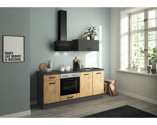 IMPULS keukenblok met apparatuur PESCE 195 cm vintage eiken grafiet mat voorgemonteerde variant rechts IP120-IKZ11953E-K830-F773-A669-G754