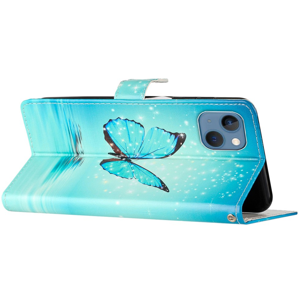 iPhone 15 Leder Tasche mit Kartenfächern - Schmetterlinge (Blau)