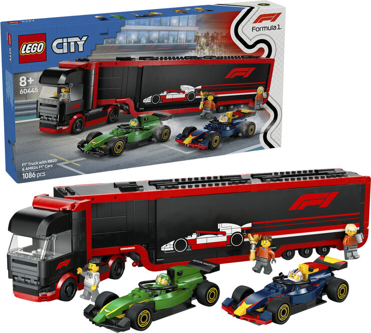 Lego F1-lastbil med RB20 og AMR24 F1-biler 60445