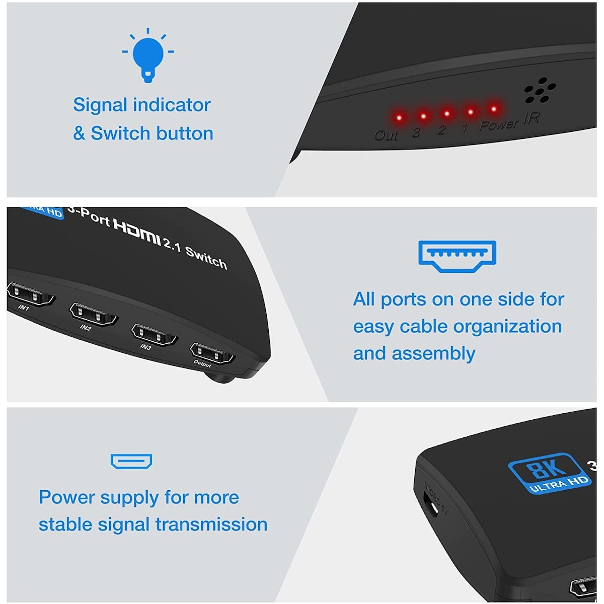 NÖRDIC HDMI 2.1-svitsj 3 til 1 8K60Hz 4K120Hz 48Gbps HDR