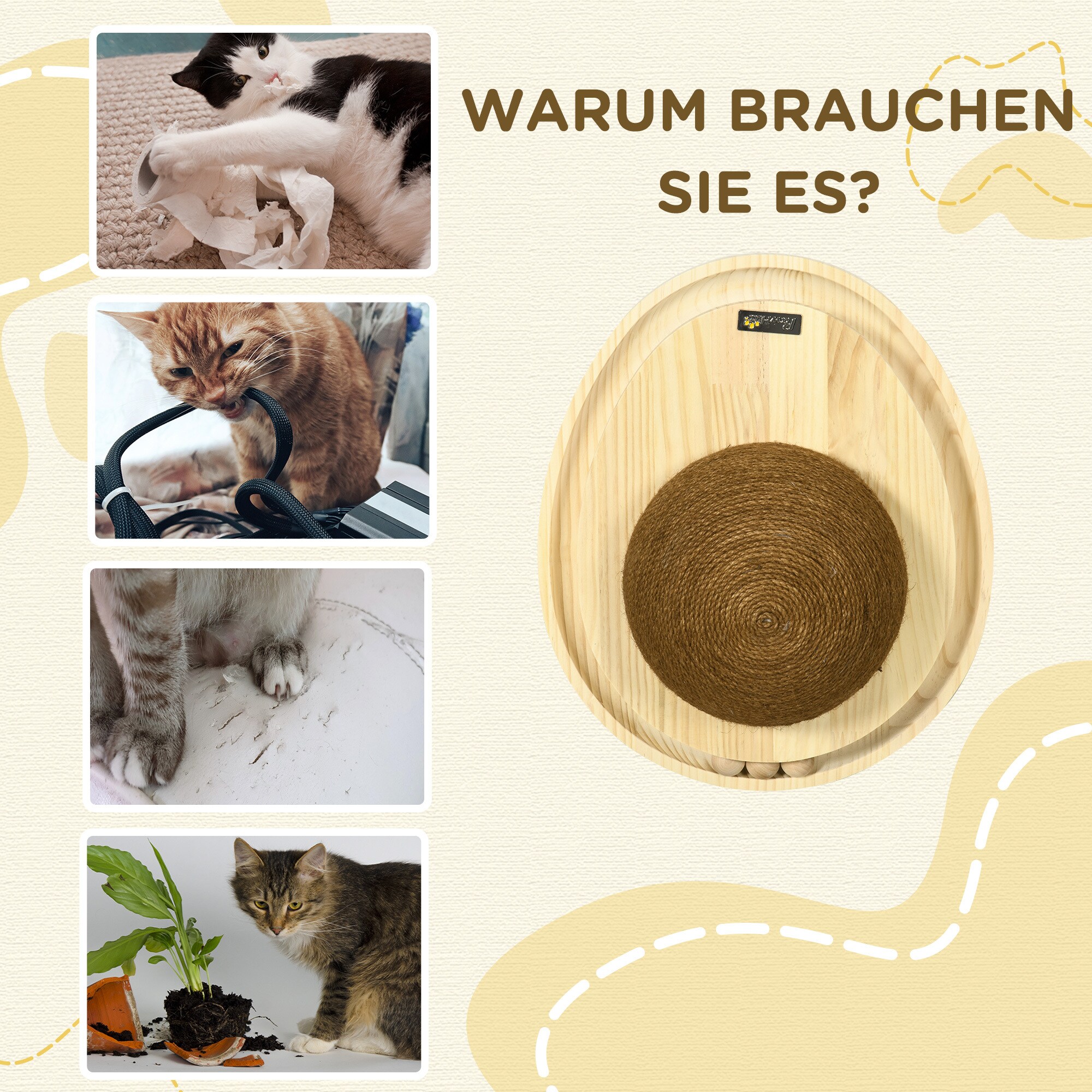 PawHut Holzkatzenspielzeug mit Kratzbrett natur 39,5L x 32,5B x 14,5H cm