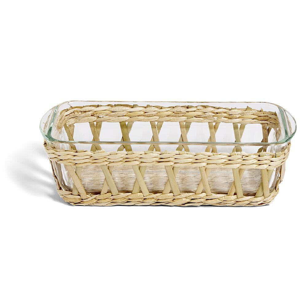 Plat à four en verre transparent et déco raphia beige 28x11,5xH8,5cm