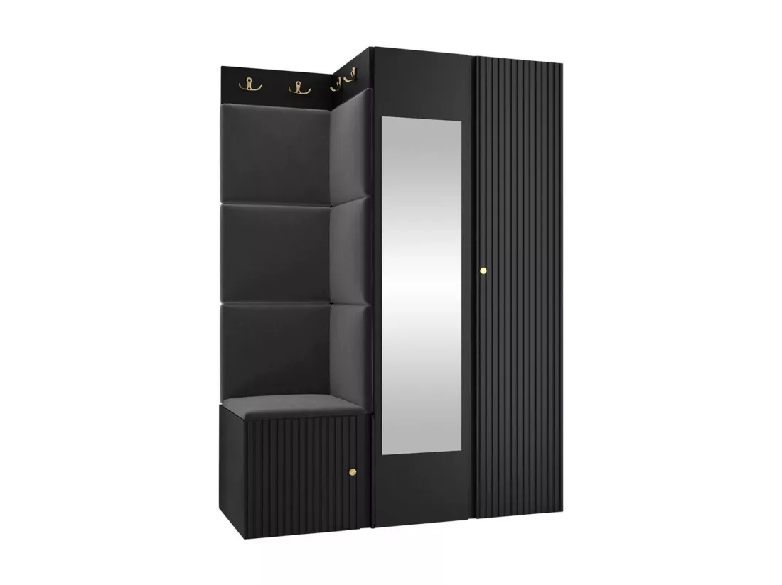 Meuble d'entrée Hartford 388, 186x116x46cm, Miroir, Noir, MDF|Stratifié|Tapisserie