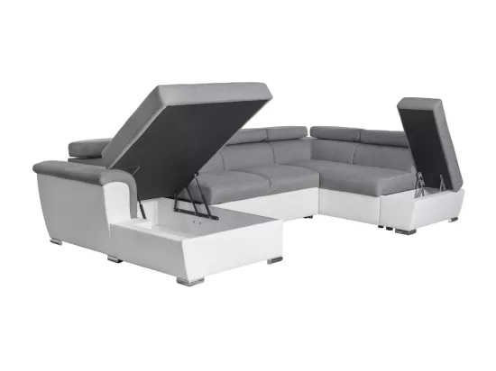 Canapé panoramique convertible avec 2 coffres Paola en tissu et simili - Blanc/Gris - L320,5 x P188 x H76cm - Loungitude