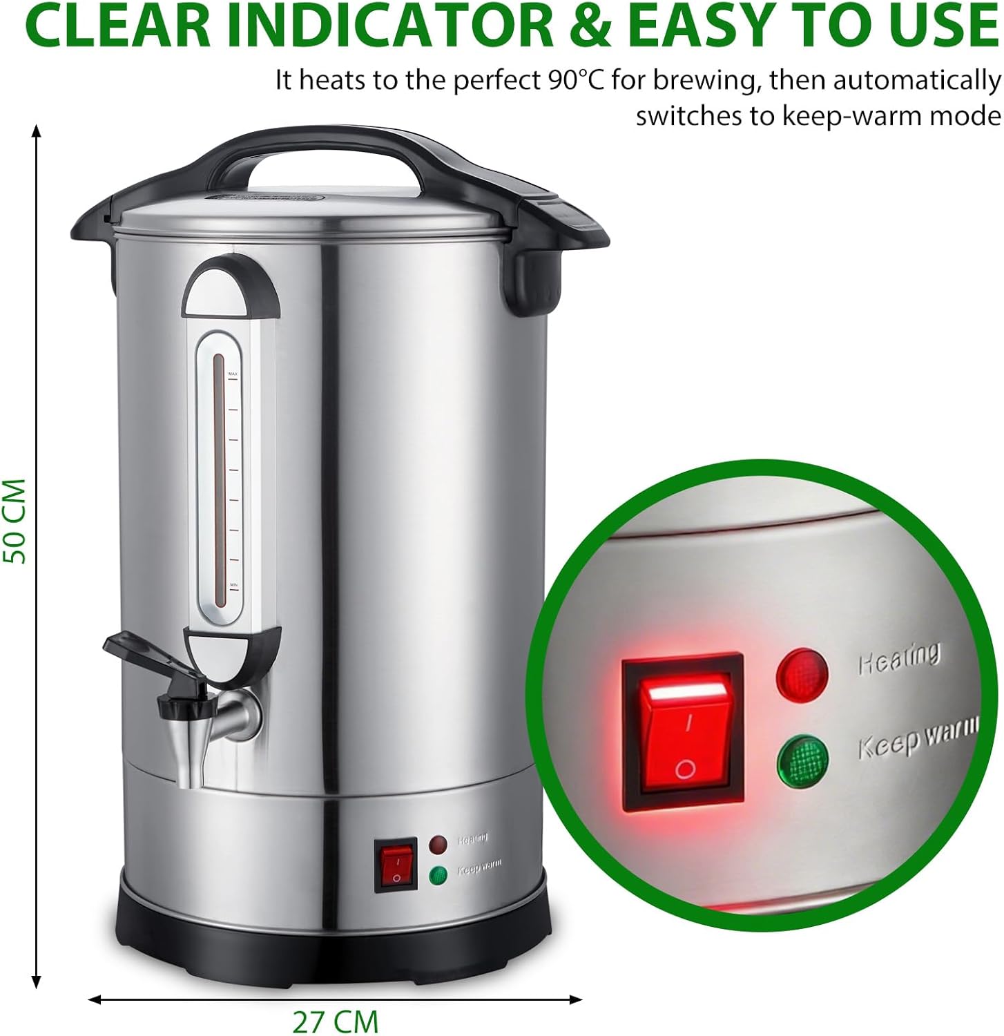 Gastro Kaffeemaschine 16L, 100 Tassen Industrie Coffee Urn aus Edelstahl, 1600W, große Kaffeemaschine für Veranstaltungen, Buffet & Büro, Gastronomie & Events