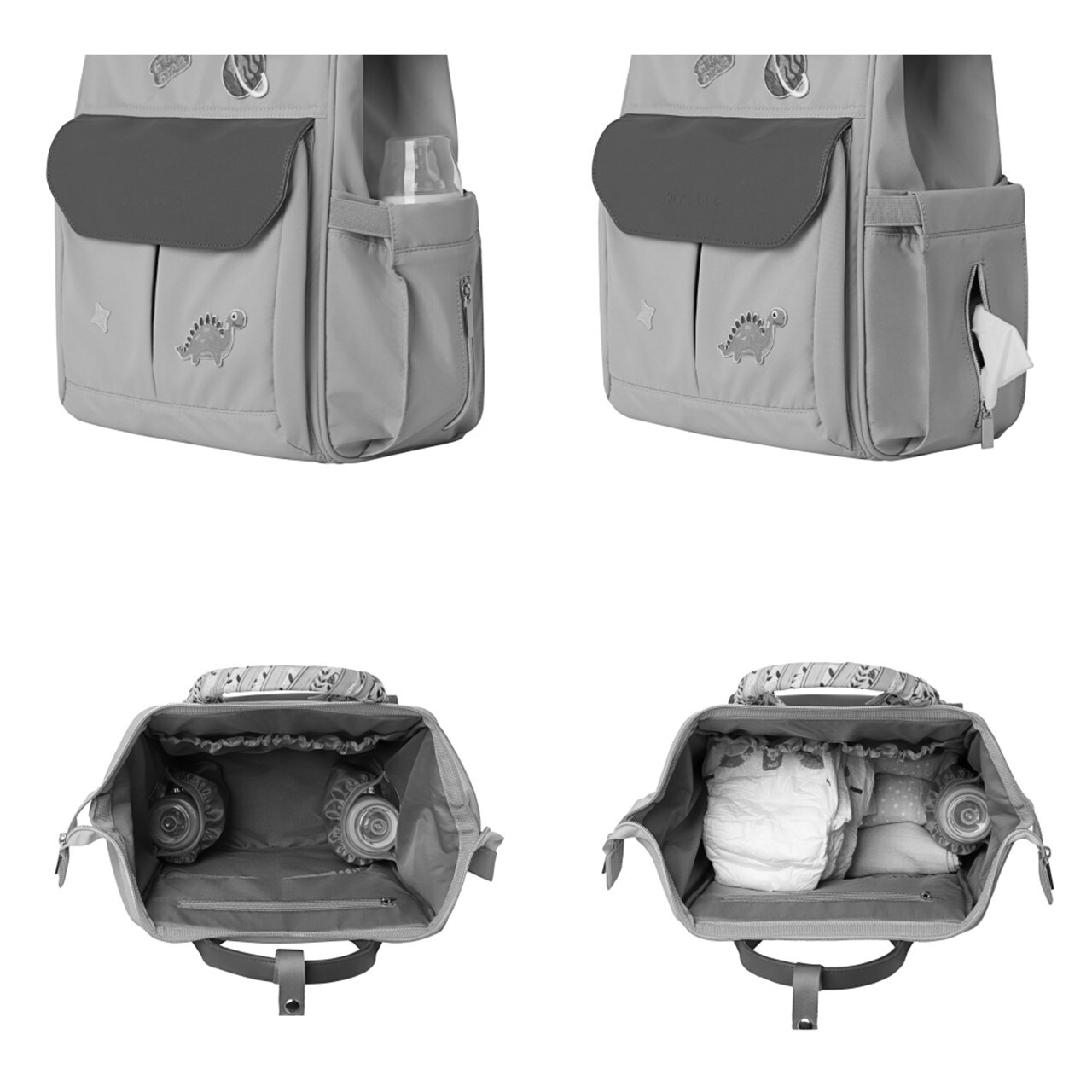 Kikkaboo Wickeltasche Myla Rucksack, Wickelunterlage, abnehmbare Abzeichen Dino schwarz