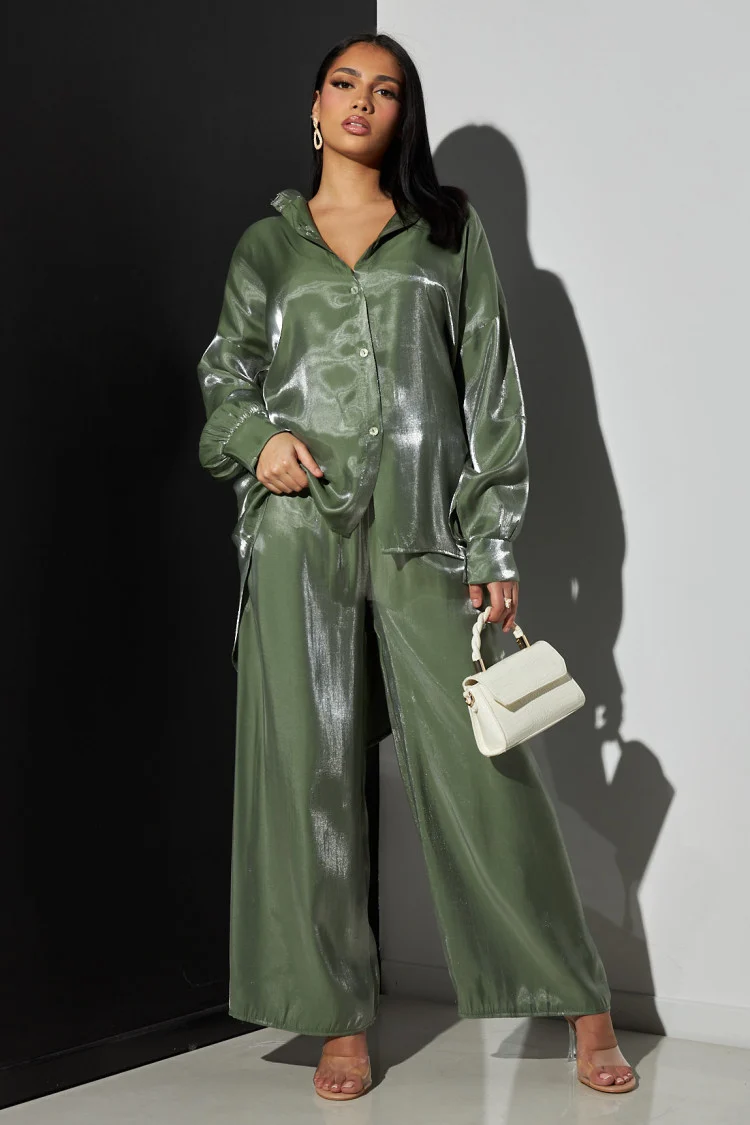 Ensemble 2 pièces chemise + pantalon satiné vert