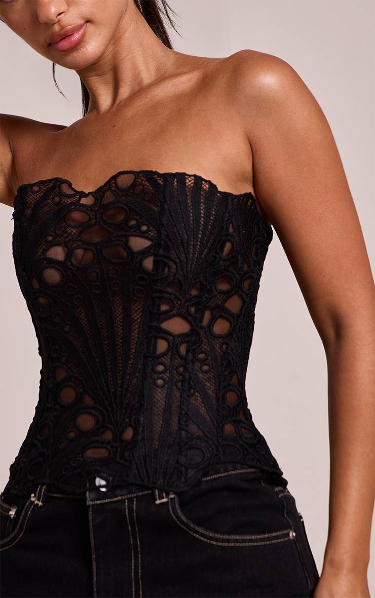 Noir Corset En Dentelle Florale Transparente Texturée Petite Taille