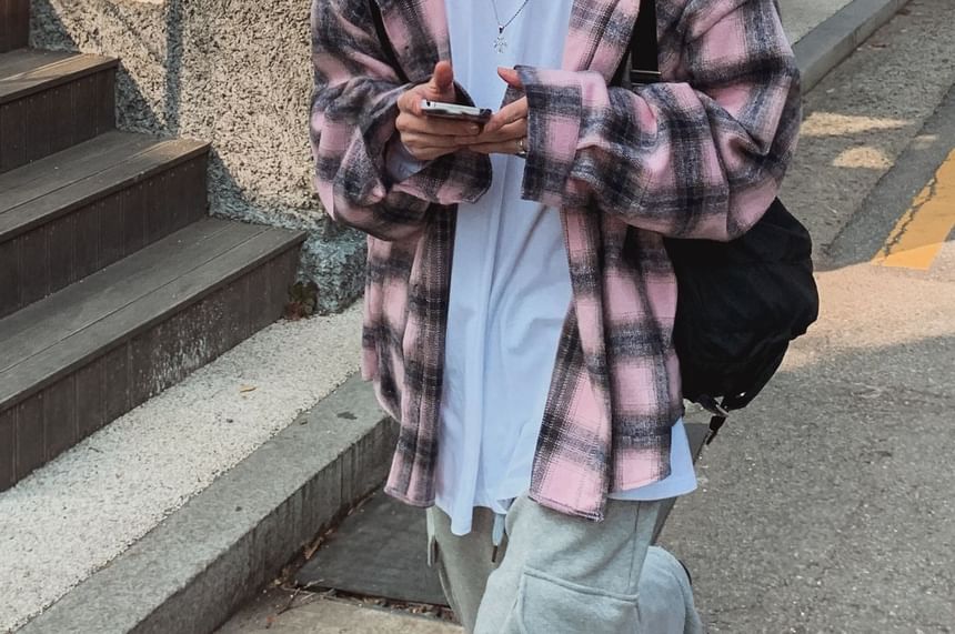 SeoulPop - Geruite, losse capuchonsweater met lange mouwen