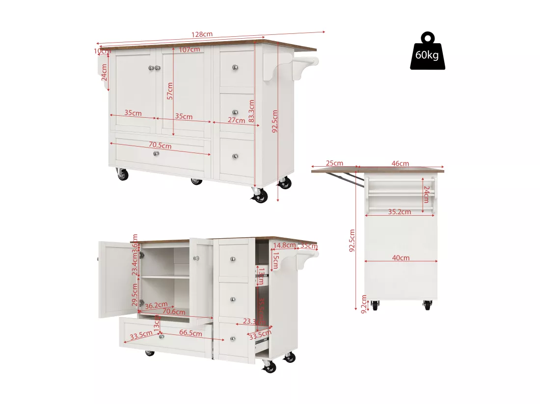 Ilot central de cuisine - chariot à roulette avec plateau extensible - 3 tiroirs et 2 portes - Blanc