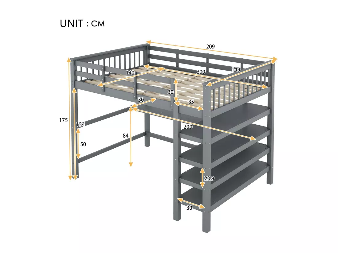 Lit mezzanine 140x200cm en bois - avec bureau et étagère de rangement - Gris