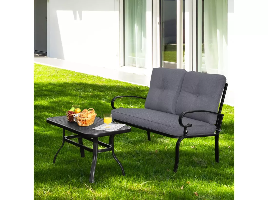 Salon de Jardin 2 Pièces avec Table Basse et Coussins Charge 250KG, Ensemble de Canapés de Terrasse 2 Places avec Cadre Métallique, pour Patio Balcon Terrasse (Gris)