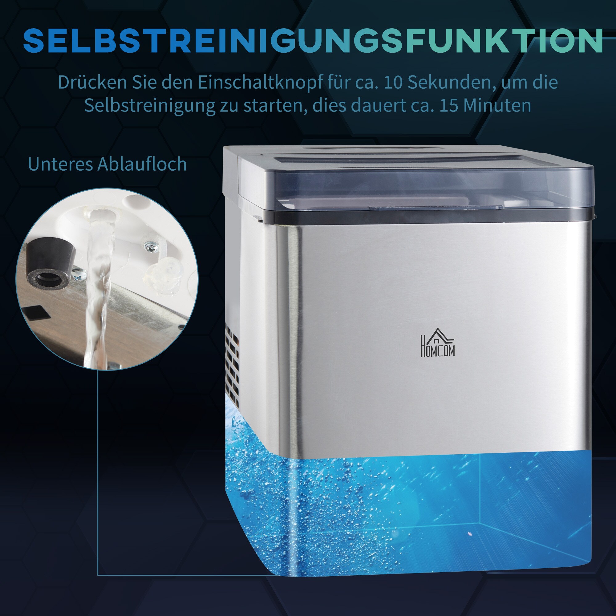 HOMCOM Eiswürfelmaschine mit 2 Eiswürfelgrößen und Selbstreinigungsfunktion schwarz 25.2W x 37.5D x 31.2H cm