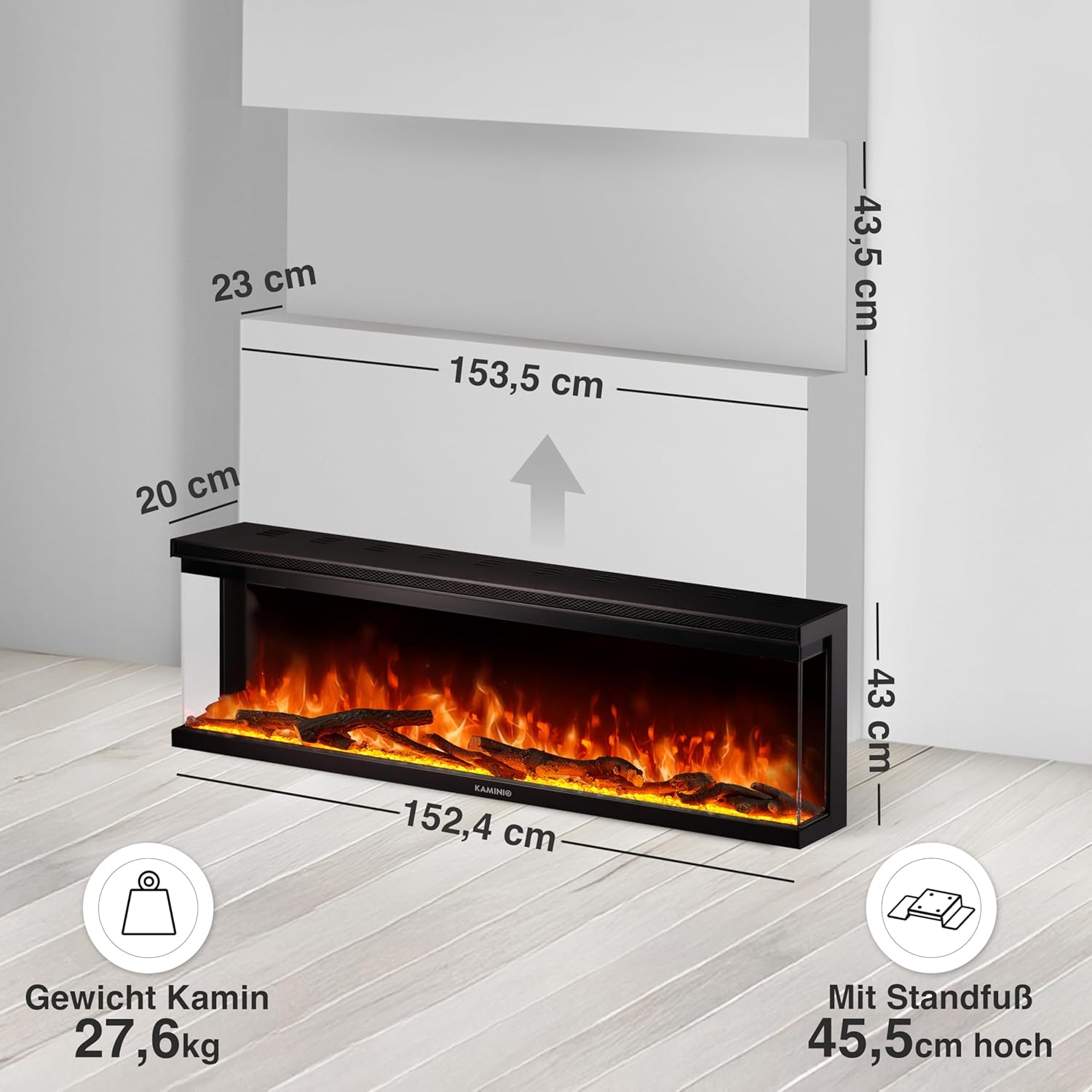 Elektrokamin LEA - Elektrischer 3-in-1 Kamin mit Panoramaview, Heizung, 3D-Flammeneffekt, 12 Flammenfarben, Fernbedienung (60 Zoll)