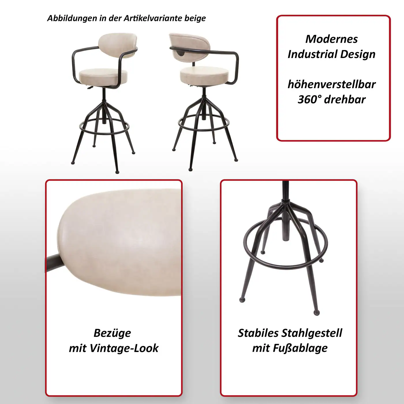 Barhocker MCW-H10f, Barstuhl Tresenhocker Drehhocker, höhenverstellbar industrial Wildleder-Optik ~ vintage beige