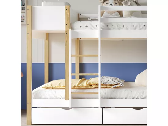 Lit superposé pour enfants 90x200 cm, avec échelle à 3 marches, 2 armoires de rangement, 2 tiroirs sur roulettes, pin + MDF, blanc + naturel