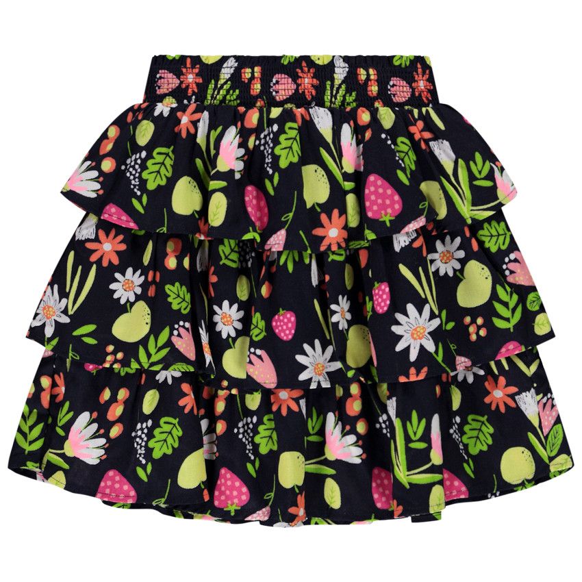 Jupe courte volantée imprimé fruits/fleurs pour fille - Bleu marine