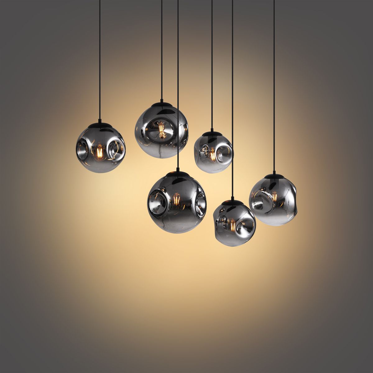 Art deco hanglamp zwart met ovale plafondplaat en smoke glas 6-lichts - Douglass