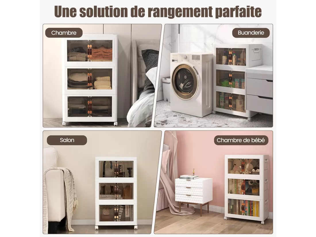 Boîte Rangement Plastique 75L, 3 Caisses de Rangement Pliables avec 4 Roulettes et Couvercles, Boite Empilable pour Vêtement, Livres, Jouets, Caisse pour Chambre, Salon, Cuisine (75L)