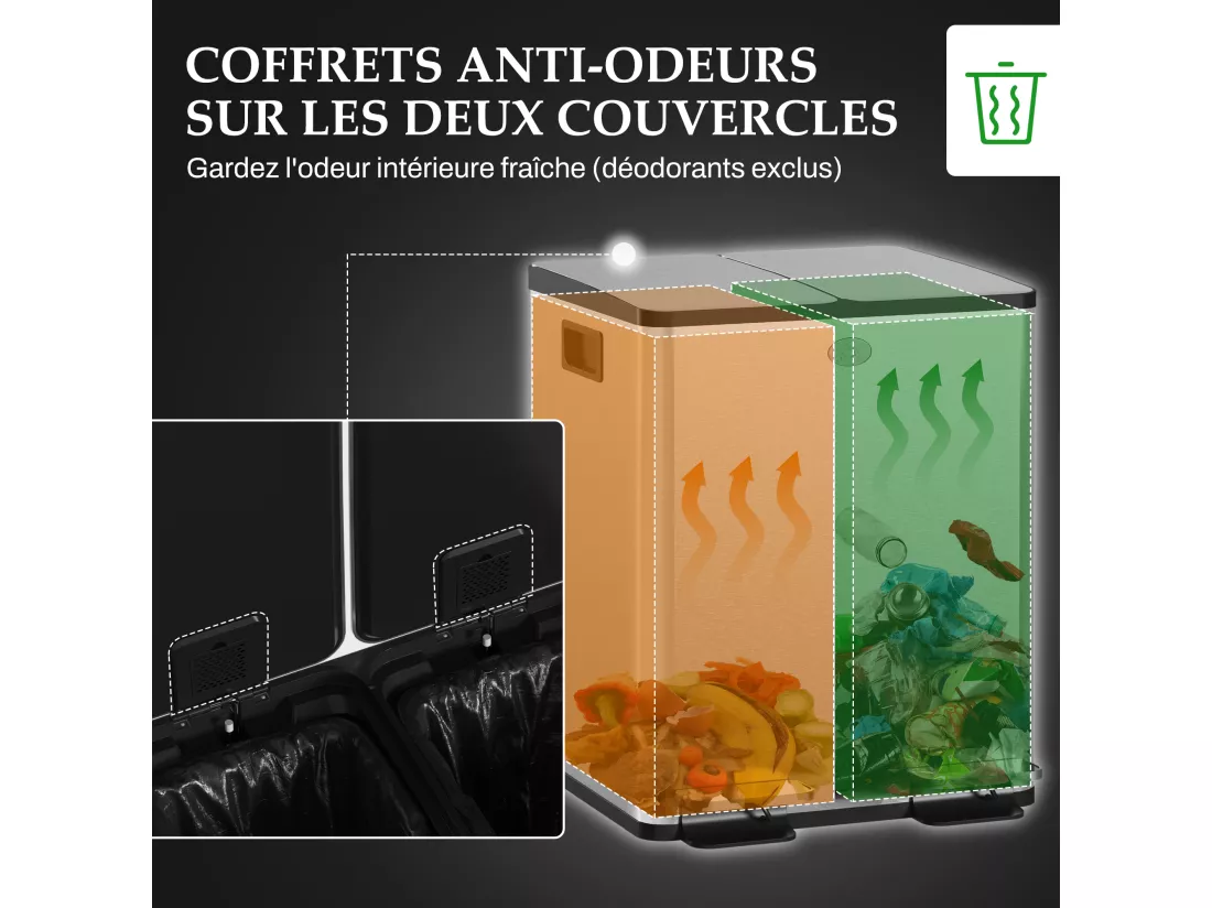 Poubelle automatique détecteur de mouvement poubelle tri selectif 2 bacs capacité totale 30L acier inox. brossé