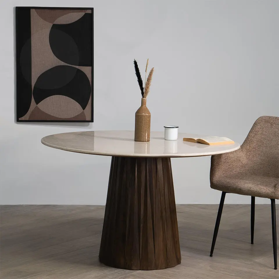 Eettafel Rond Ø150cm - Donkerbruin Marmer/Mangohout - Faiza